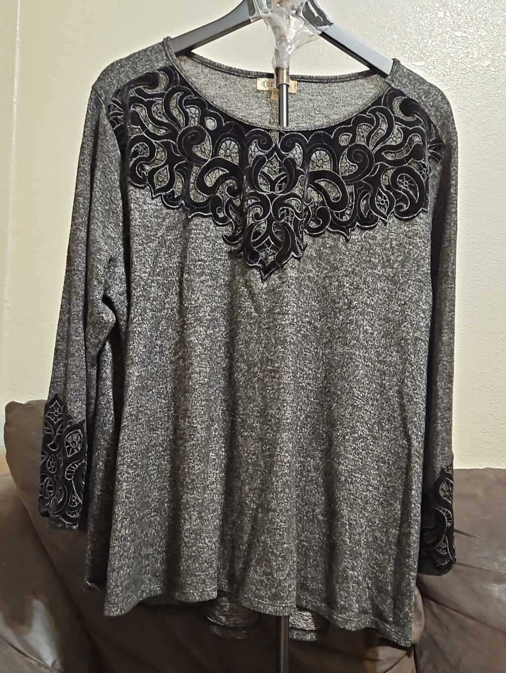 Democracy Heather Gray Tunic with Black Embroidered Yoke